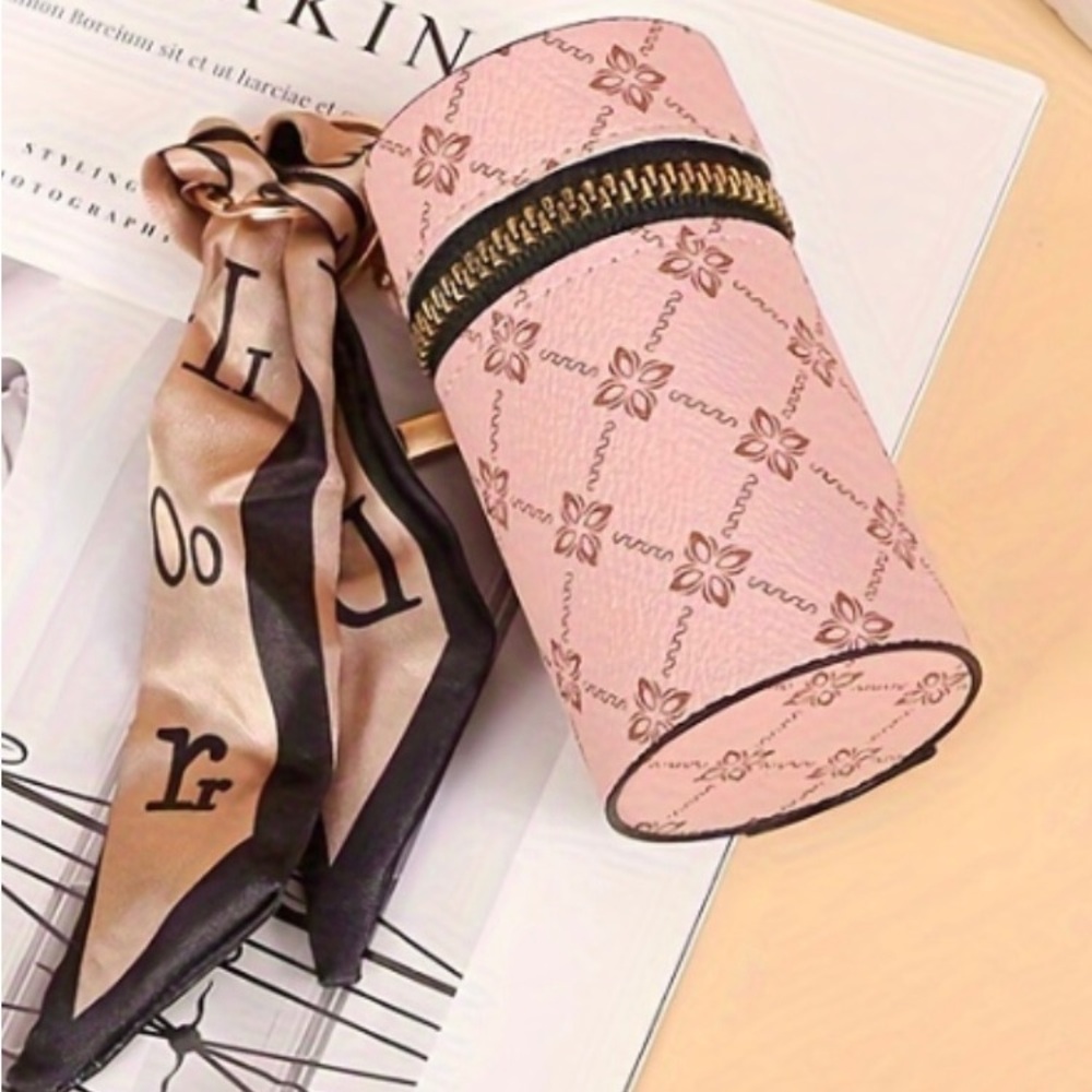 Pink Faux Leather Lipstick Lipgloss Holder with Scarf Accent NEW Keychain Pouch